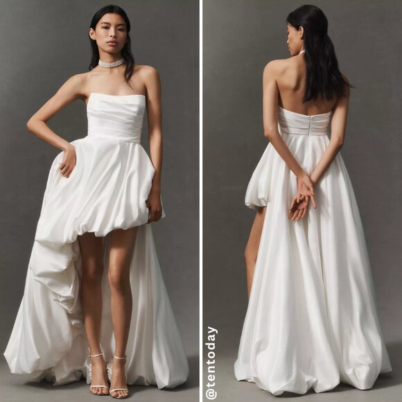 Mac Duggal 11685 Size 4 White Strapless Ruched Satin‎ High Low Gown Maxi Dress - Picture 1 of 5